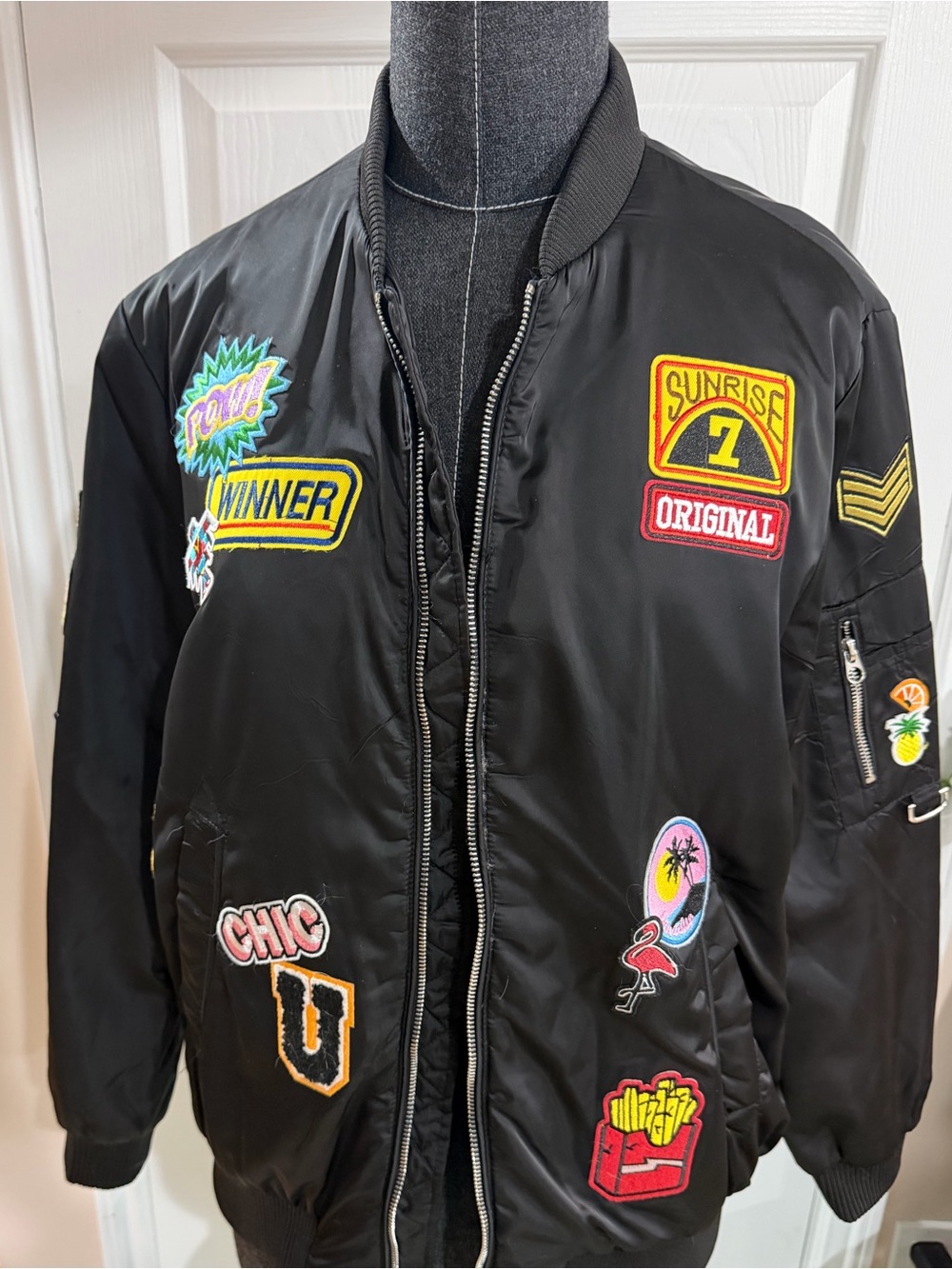 Indigo Rein Black Bomber Jacket with Multicolor Patches
